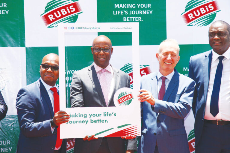 From left: Rubis Energy Kenya Group General Manager Martin Kimani, Petroleum PS Andrew Kamau and Rubis Energy Kenya Group Managing Director Jean-Christian Bergeron pose for a photo during the launch of Rubis Energy Kenya after the acquisition of KenolKobil and Gulf Energy Holdings at United Nations Avenue, Gigiri in Nairobi on October 7, 2020.