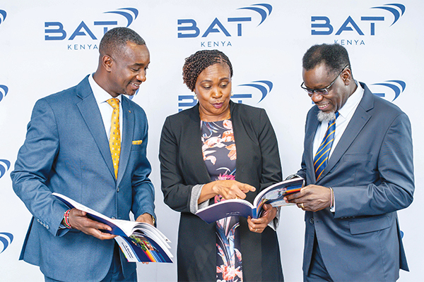Rita Kavashe BAT Kenya Chairperson (middle), Crispin Achola BAT Kenya Managing Director (right), and Philemon Kipkemoi BAT Kenya Finance Director (left) during the Company’s 73rd Annual General Meeting.